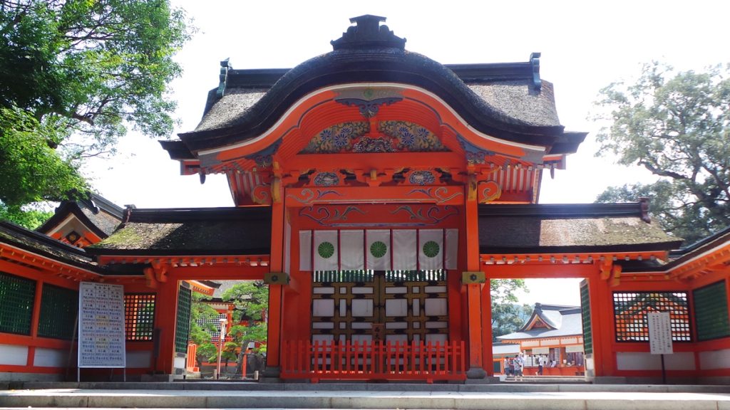 Bâtiment principal du au sanctuaire Usa Jingū, situé dans la péninsule de Kunisaki, au nord de la préfecture d’Ōita sur l'île de Kyushu